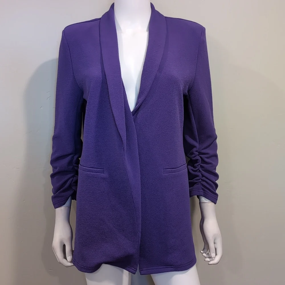 SHEIN Purple 3/4 Ruched Sleeve Open Front Blazer With Shoulder Pads Size Small